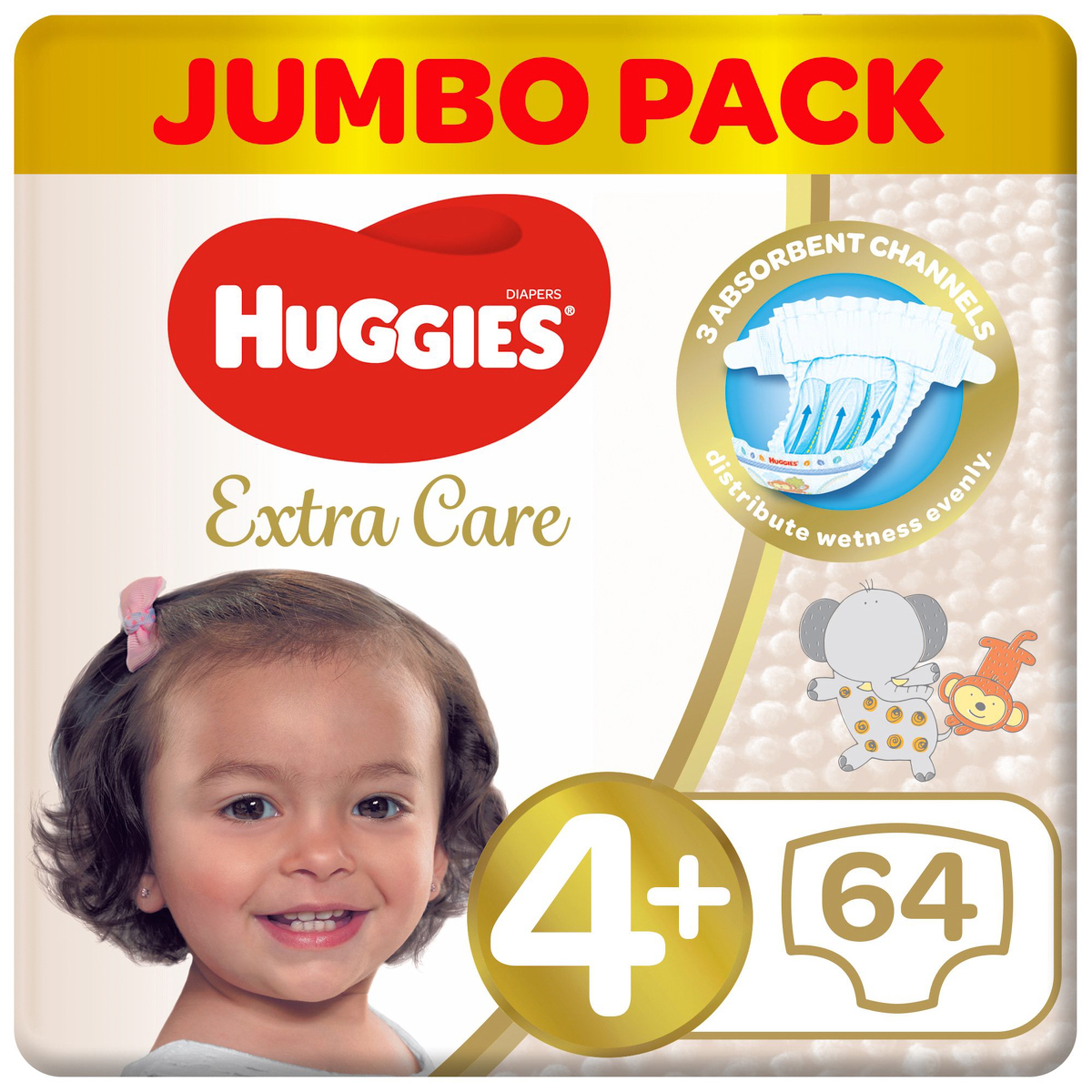 Huggies Extra Care, Size 4+, Jumbo Pack, 64 Diapers