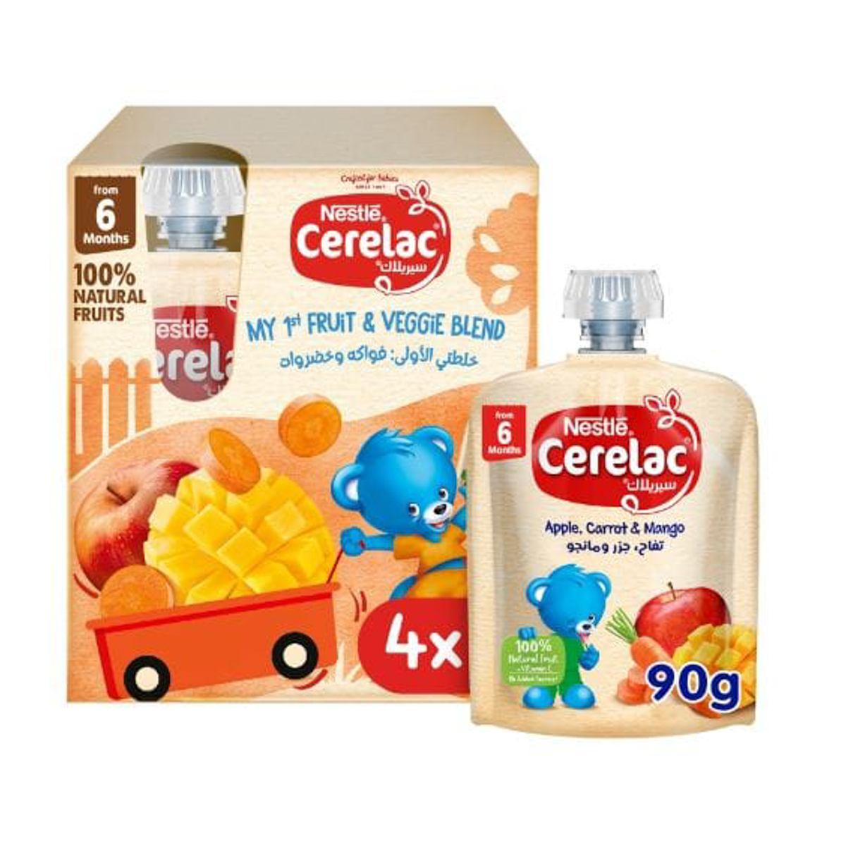 سيريلاك مهروس للفواكه والخضروات، تفاح، جزر، مانجو، 90 جرام، عبوة من 4 قطع