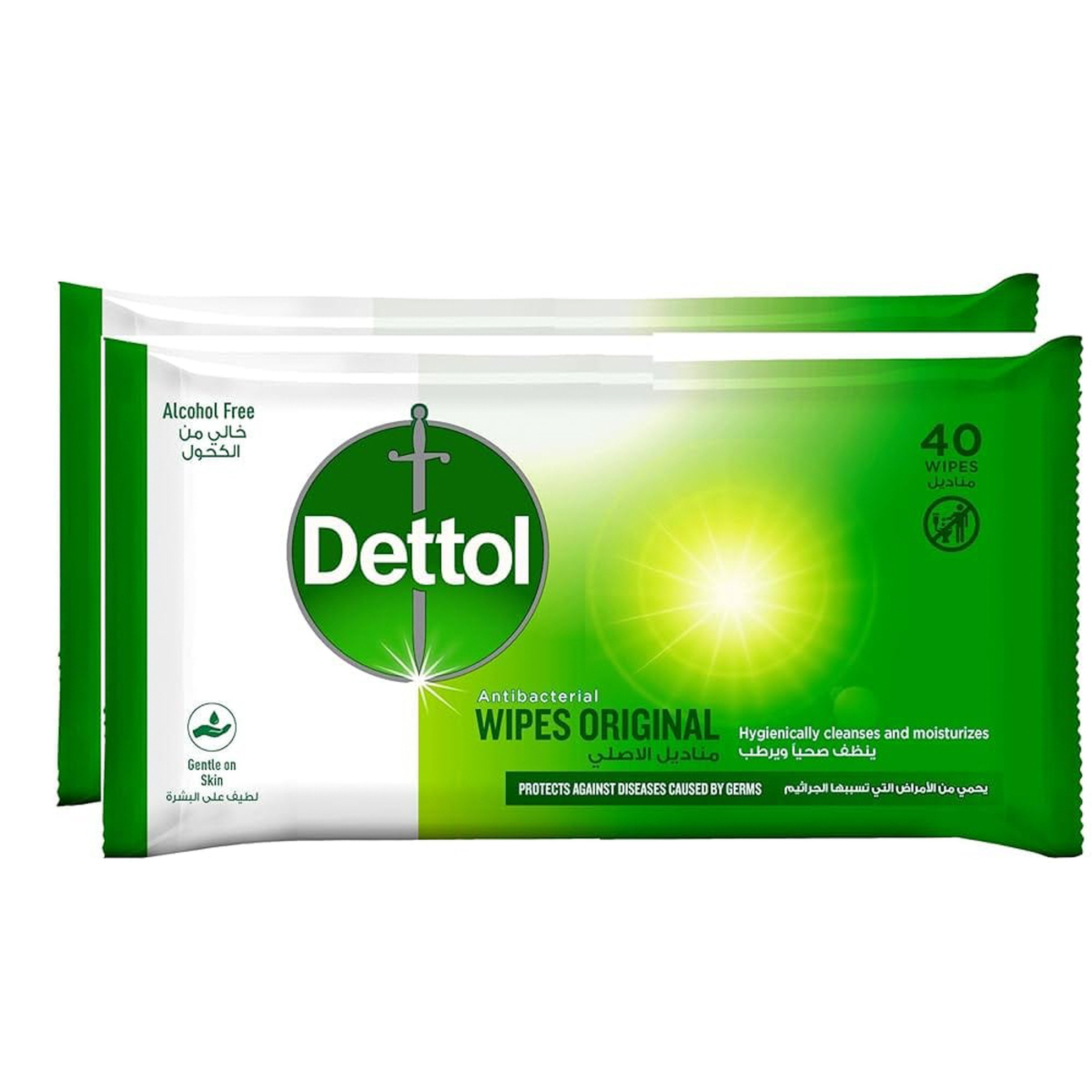ديتول، مناديل مبللة، الأصلي، عبوة 40 منديل، 2+1 مجاناً- 1 عبوة