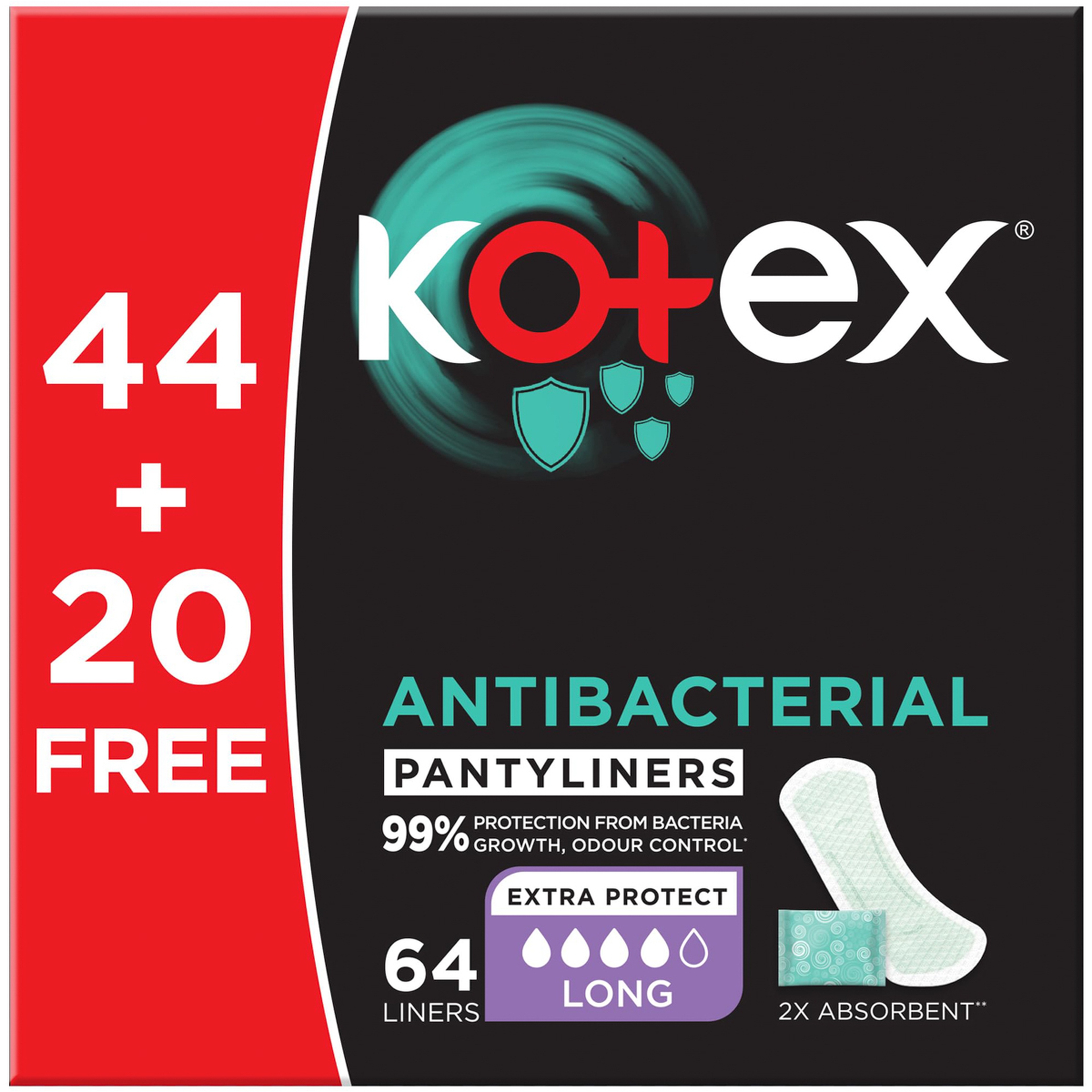 Kotex Anti Bacterial Long Panty Liners White 44 Liners + 20 Free