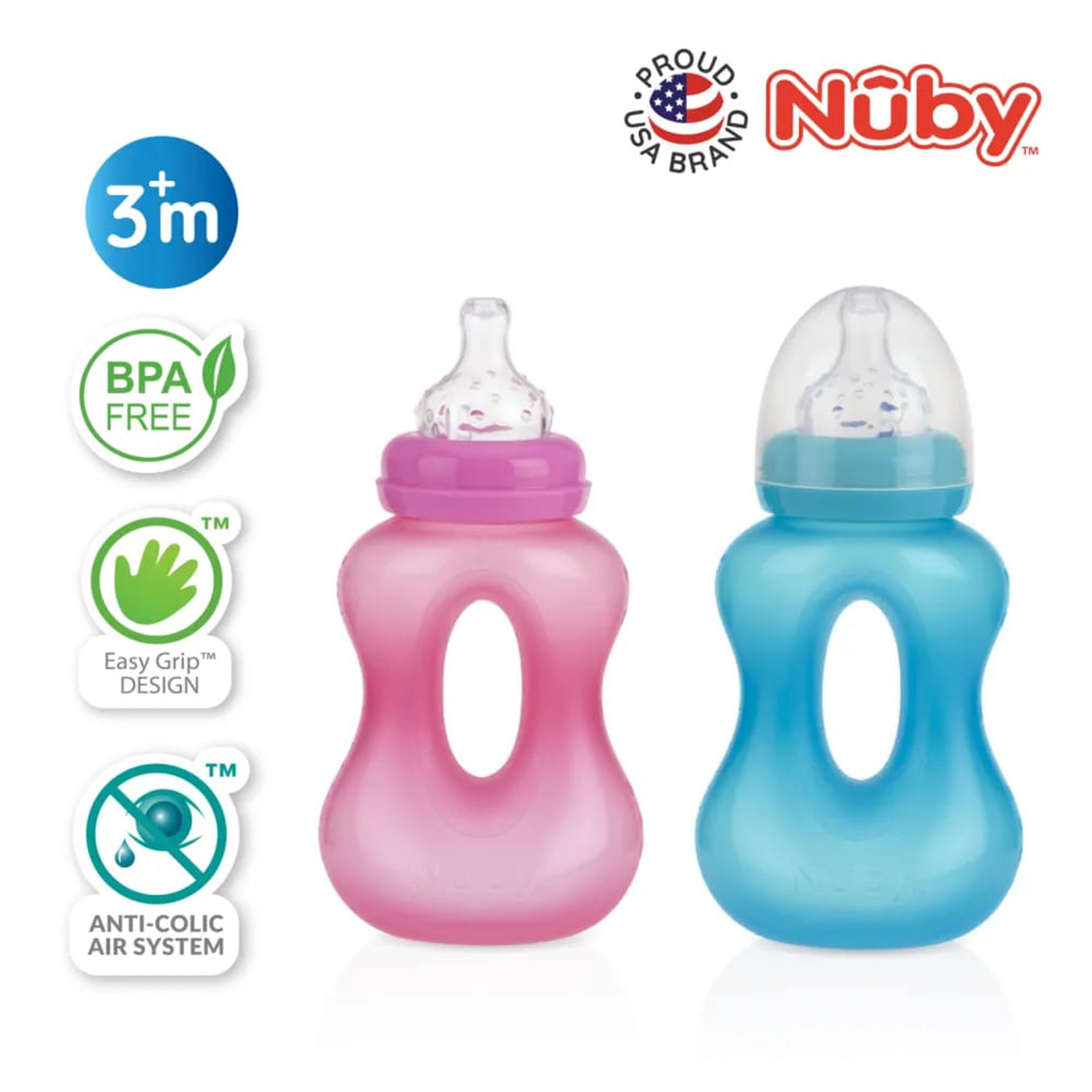 Nuby No Spill Wide Neck Gripper With Non-Drip Silicone Nipple - 240Ml