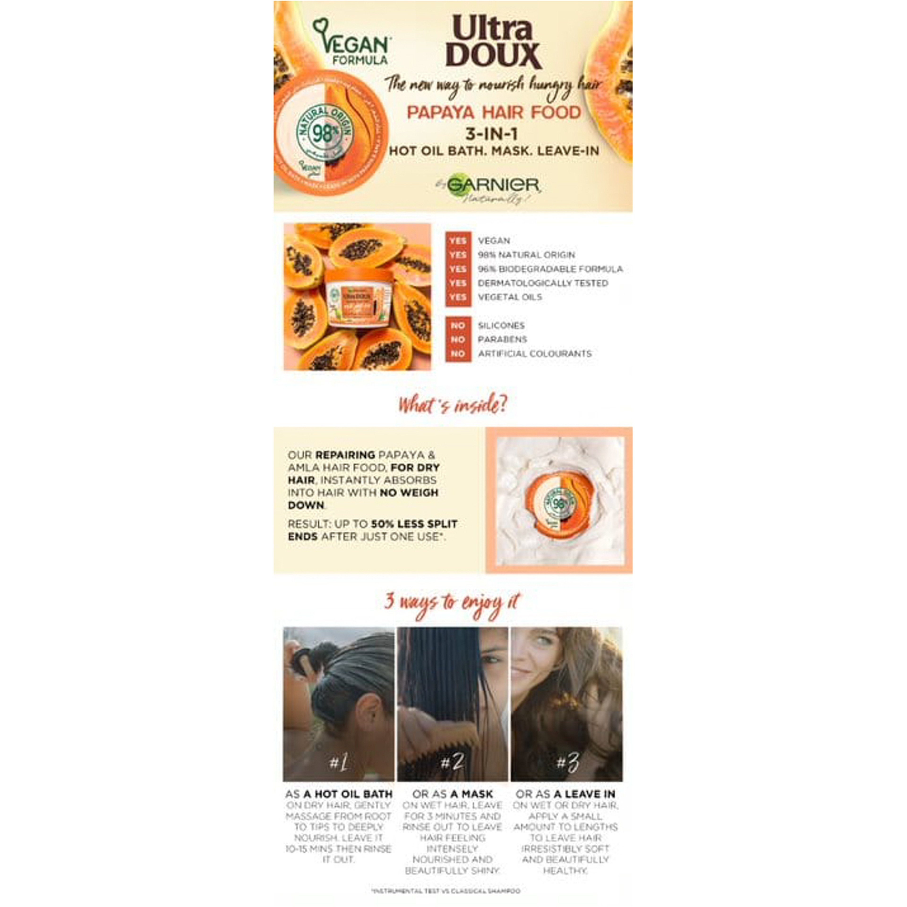 Ultra Doux Repairing Papaya 3-In-1 Hair Food For Damaged Hair 390Ml