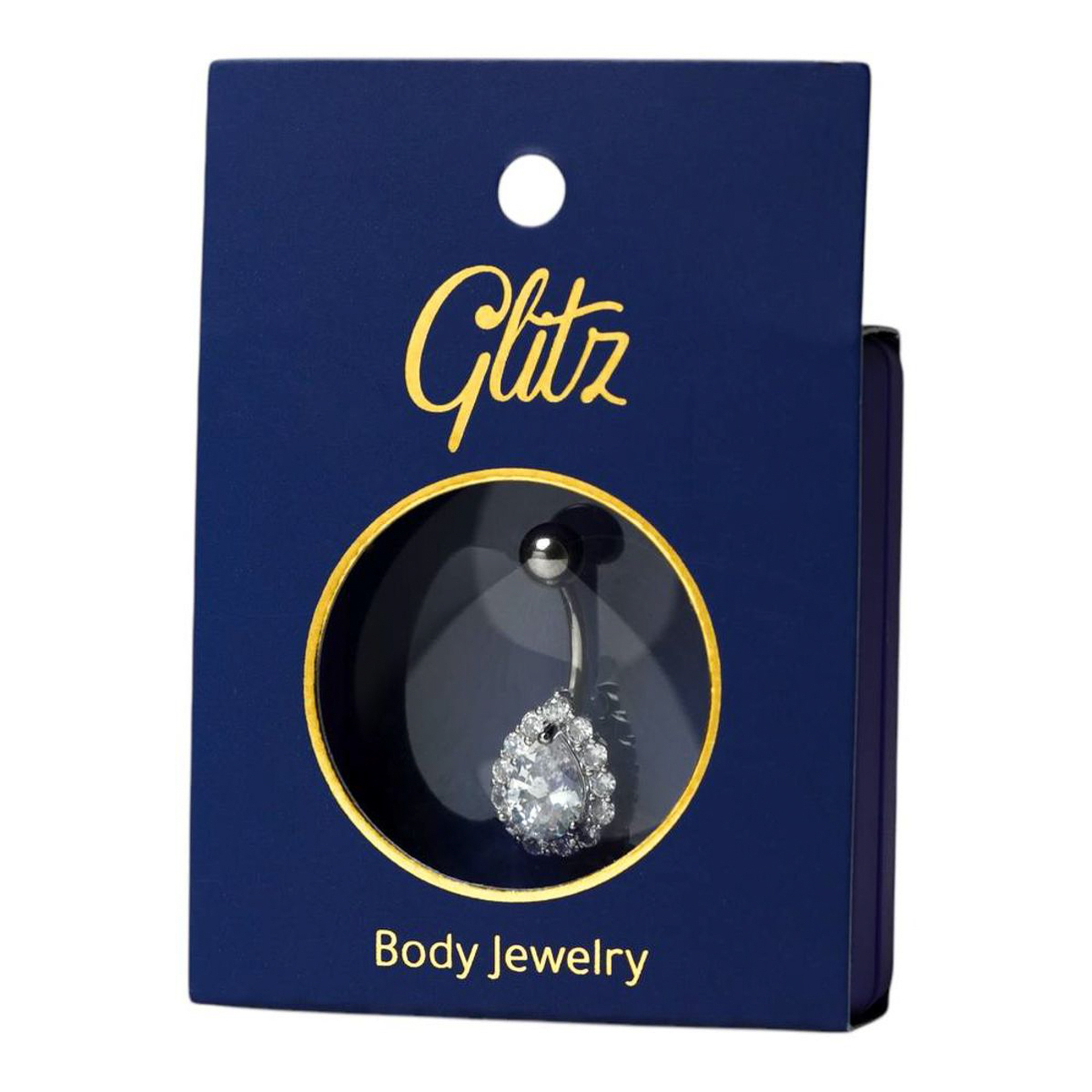 جليتز حلق بطن  فضي بالكريستال شكل قطرة