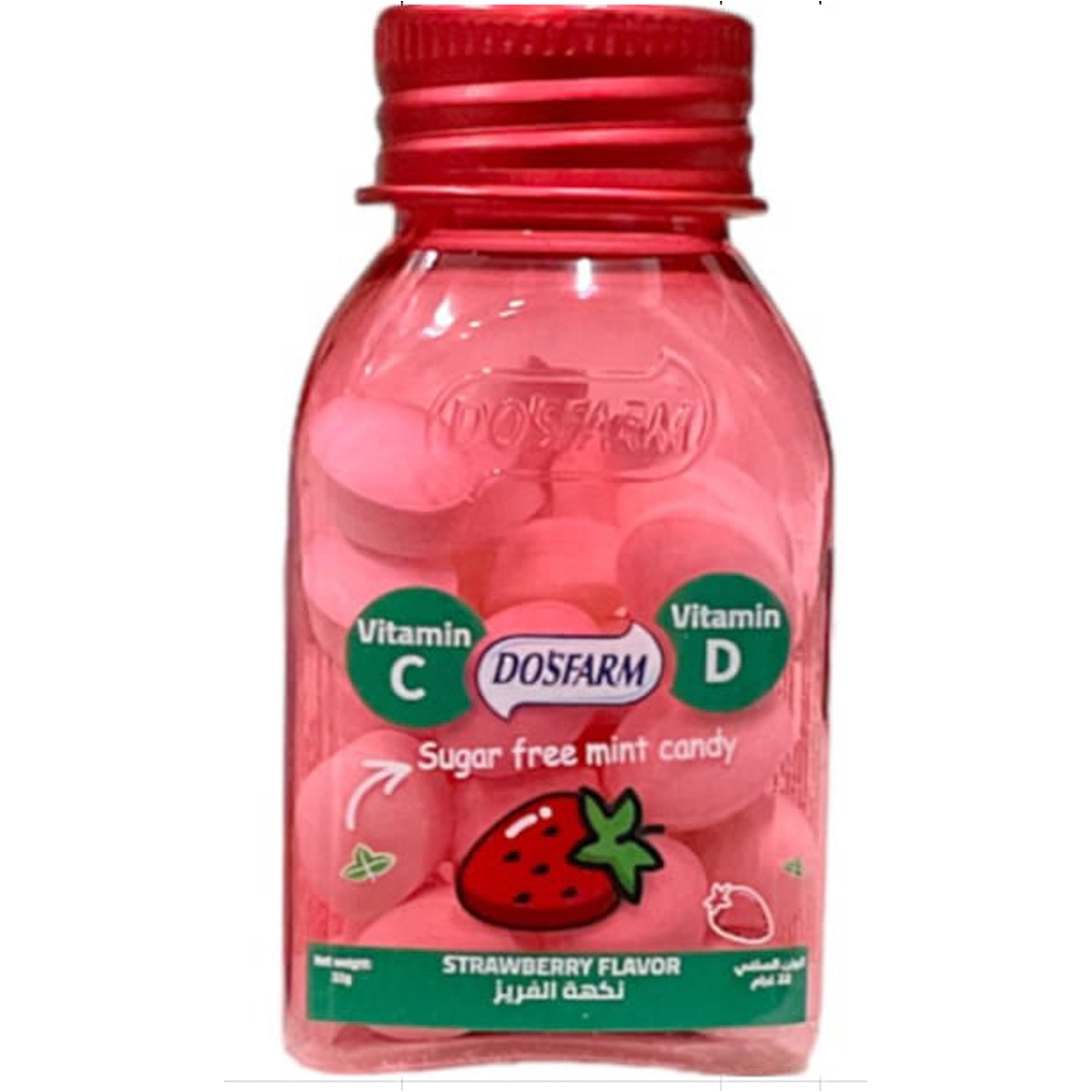 دوزفارم حلوى النعناع خالية من السكر غنية بفيتامين ج , د بنكهة الفراولة ، 22 جرام