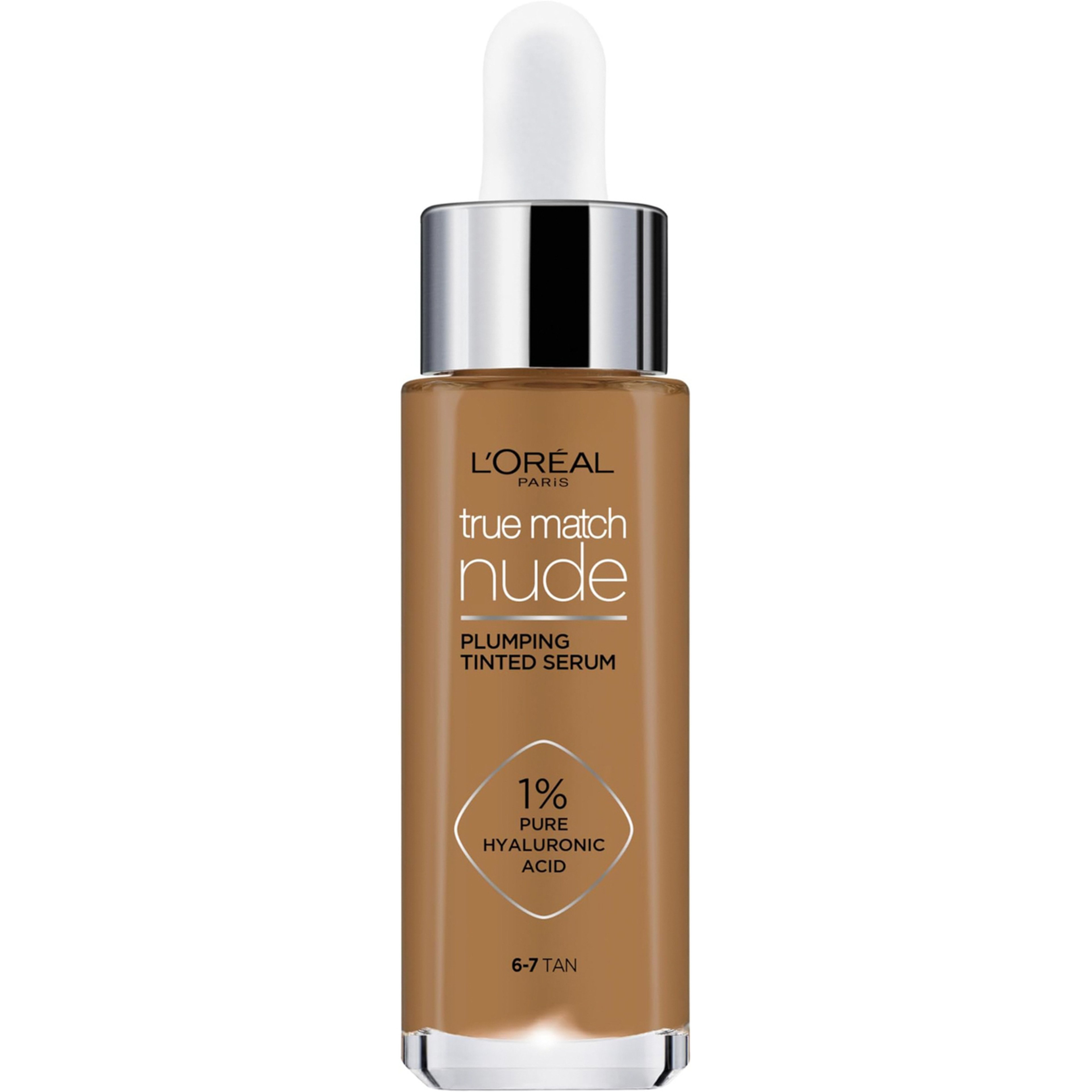 L’Oréal Paris True Match Nude Plumping Tinted Serum, 1% Hyaluronic Acid, Instantly Evens, Brightens, and Hydrates Skin, Shade 6-7, Tan