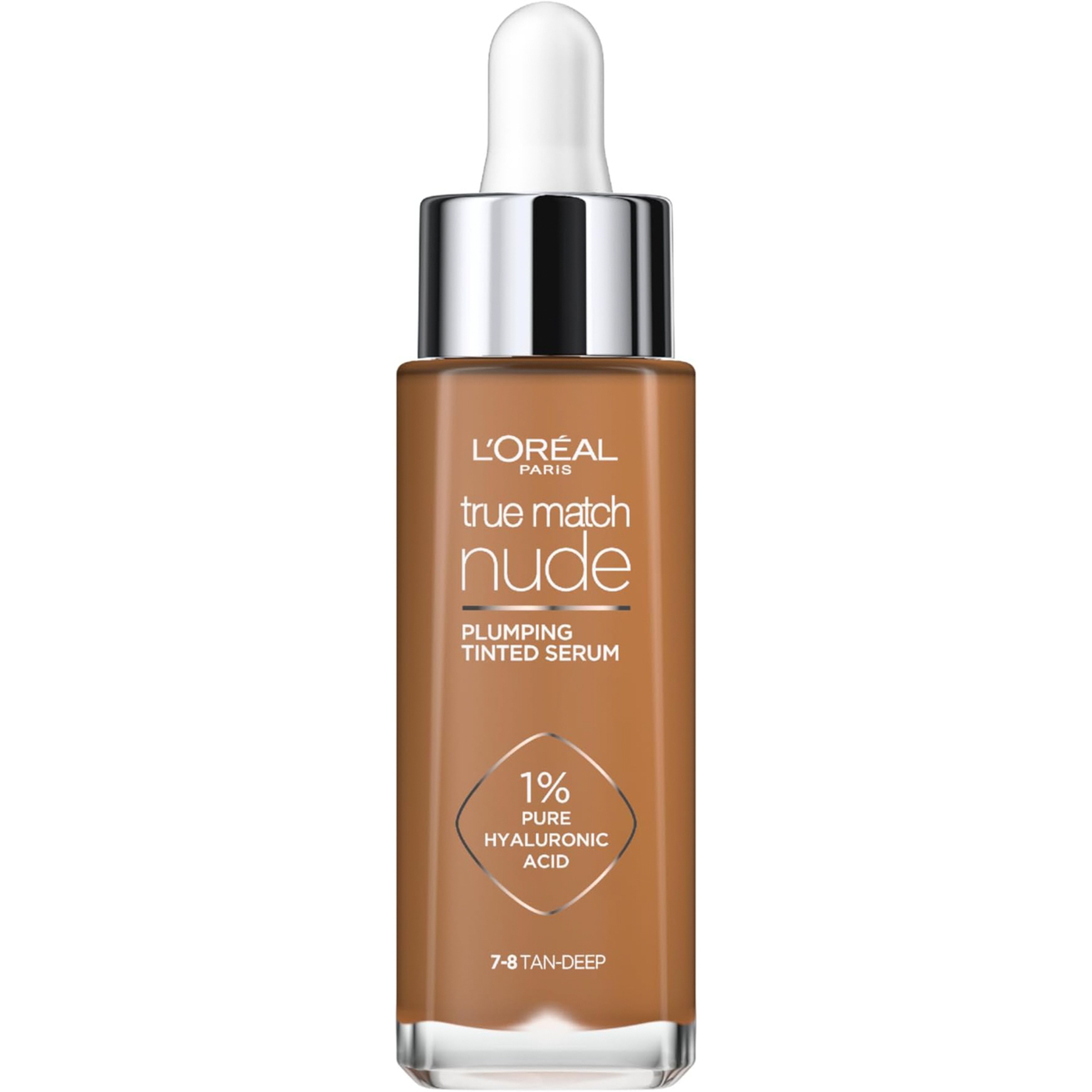 L’Oréal Paris True Match Nude Plumping Tinted Serum, 1% Hyaluronic Acid, Instantly Evens, Brightens, and Hydrates Skin, Shade 7-8, Tan Deep