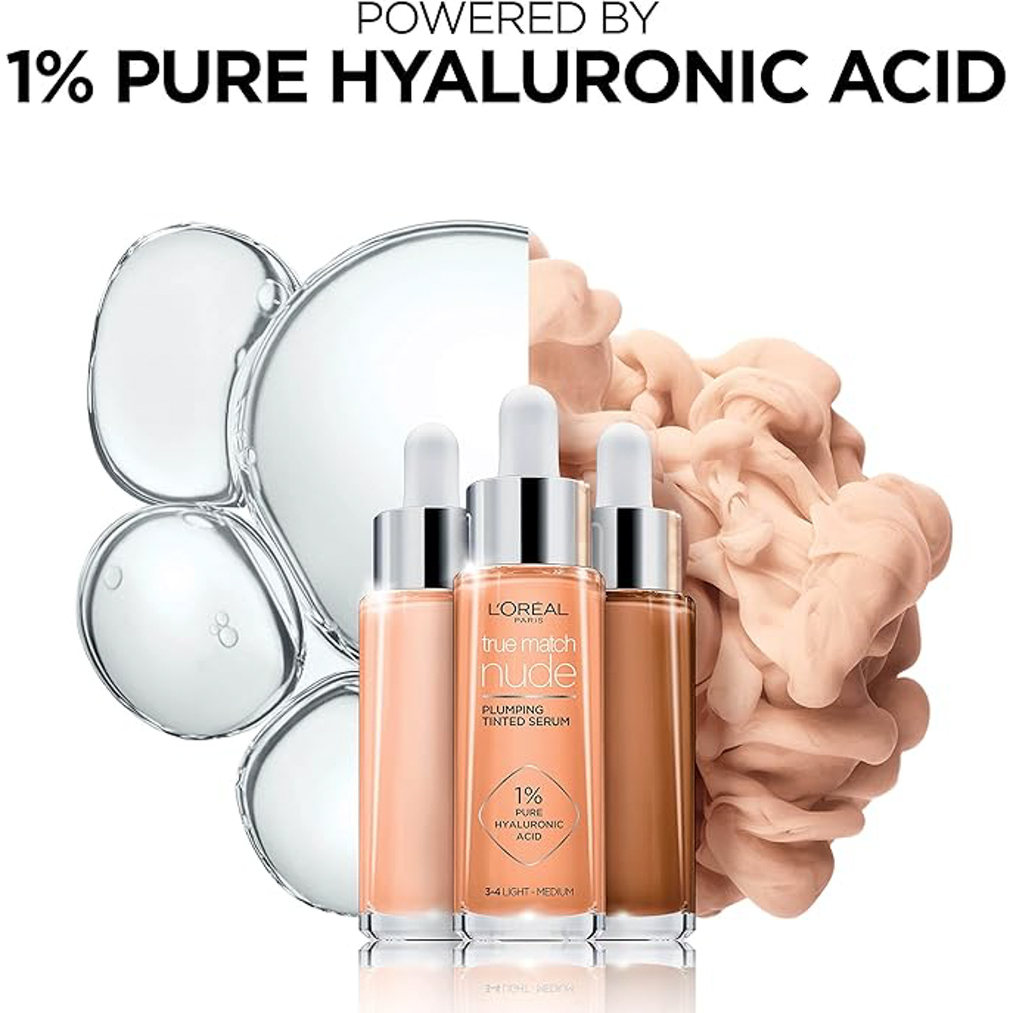 L’Oréal Paris True Match Nude Plumping Tinted Serum, 1% Hyaluronic Acid, Instantly Evens, Brightens, and Hydrates Skin, Shade 7-8, Tan Deep