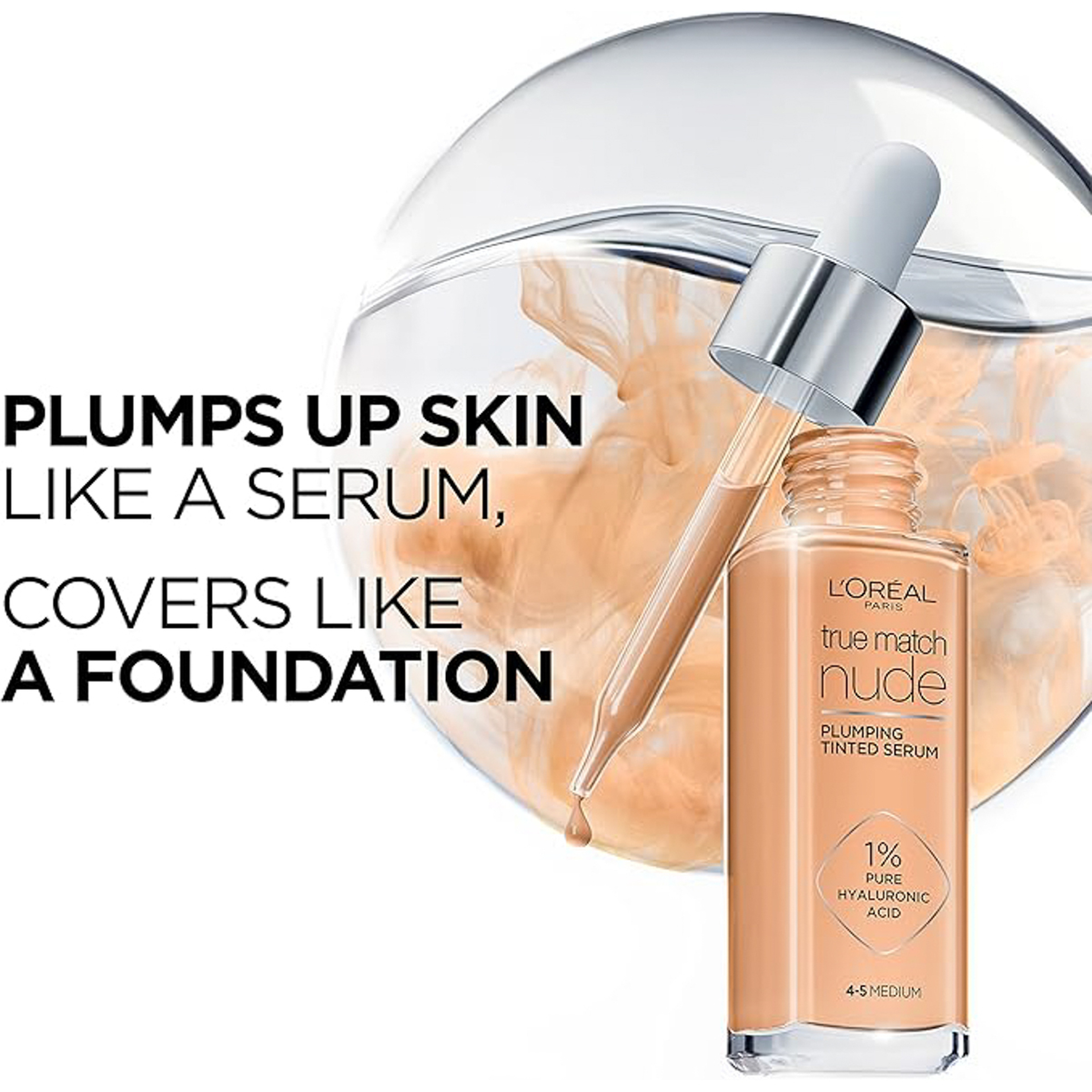 L’Oréal Paris True Match Nude Plumping Tinted Serum, 1% Hyaluronic Acid, Instantly Evens, Brightens, and Hydrates Skin, Shade 7-8, Tan Deep