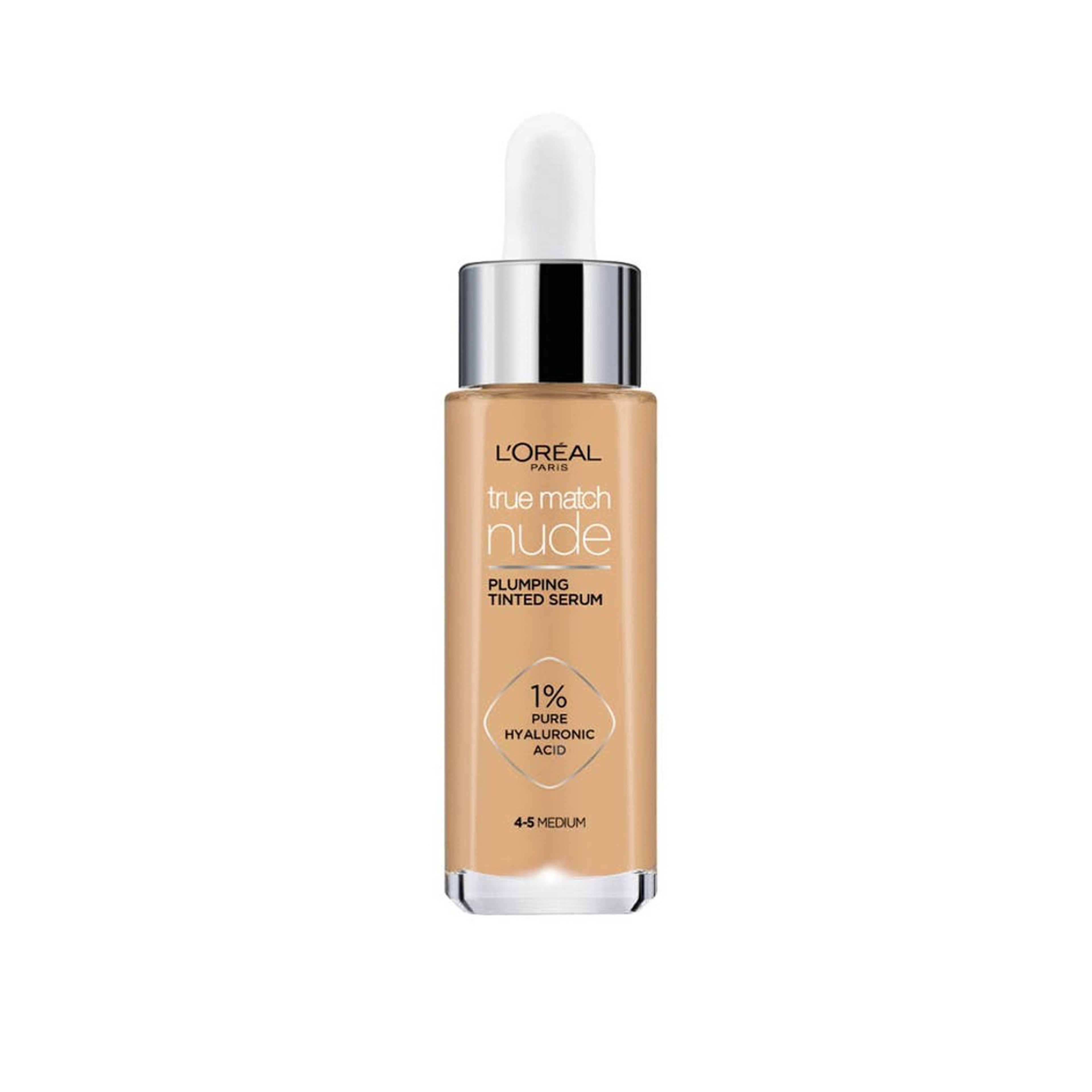 L’Oréal Paris True Match Nude Plumping Tinted Serum, 1% Hyaluronic Acid, Instantly Evens, Brightens, and Hydrates Skin, Shade 4-8, Medium
