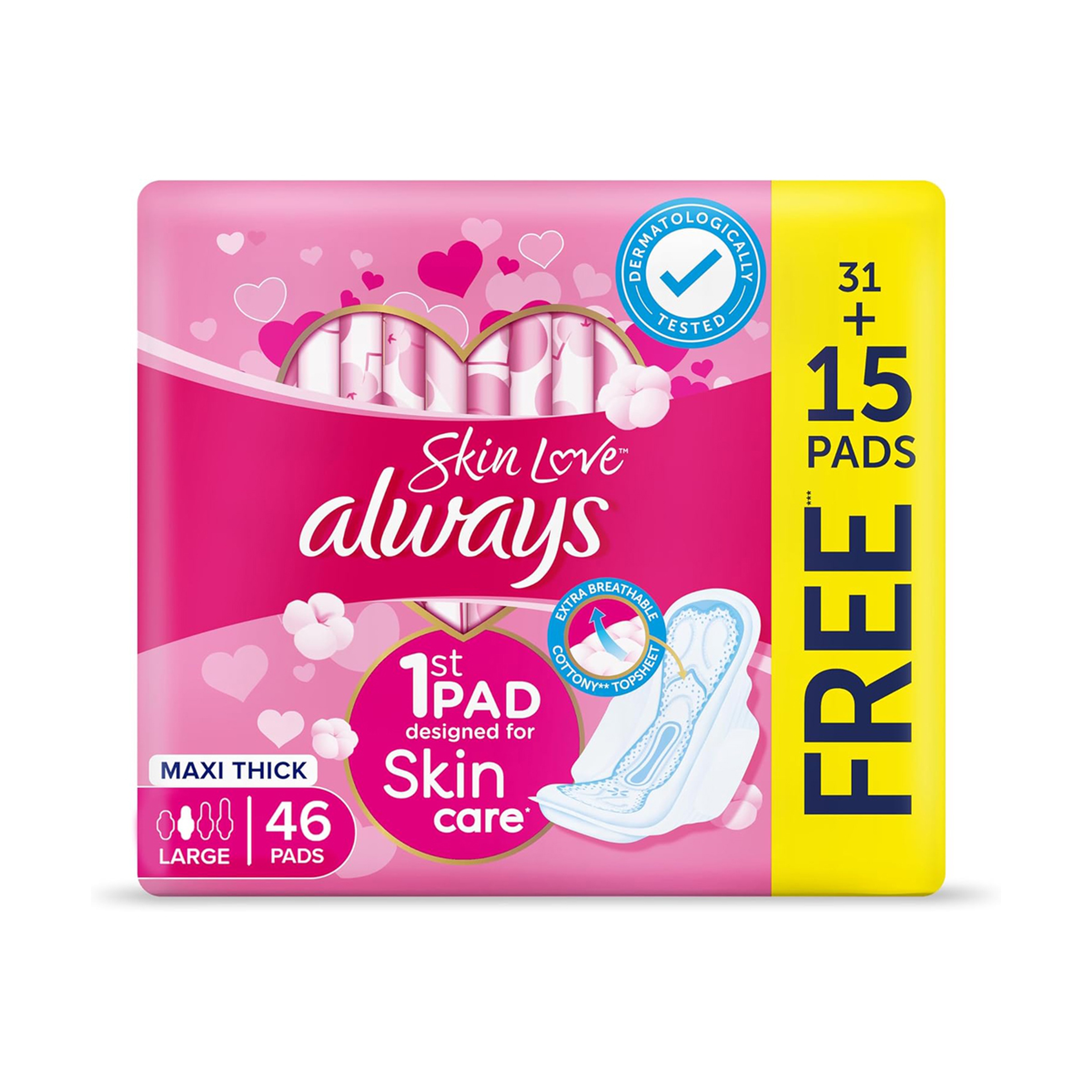 Always Pads Maxi Thick Skin Love Cottony Soft Large, 46 Sanitary Pads