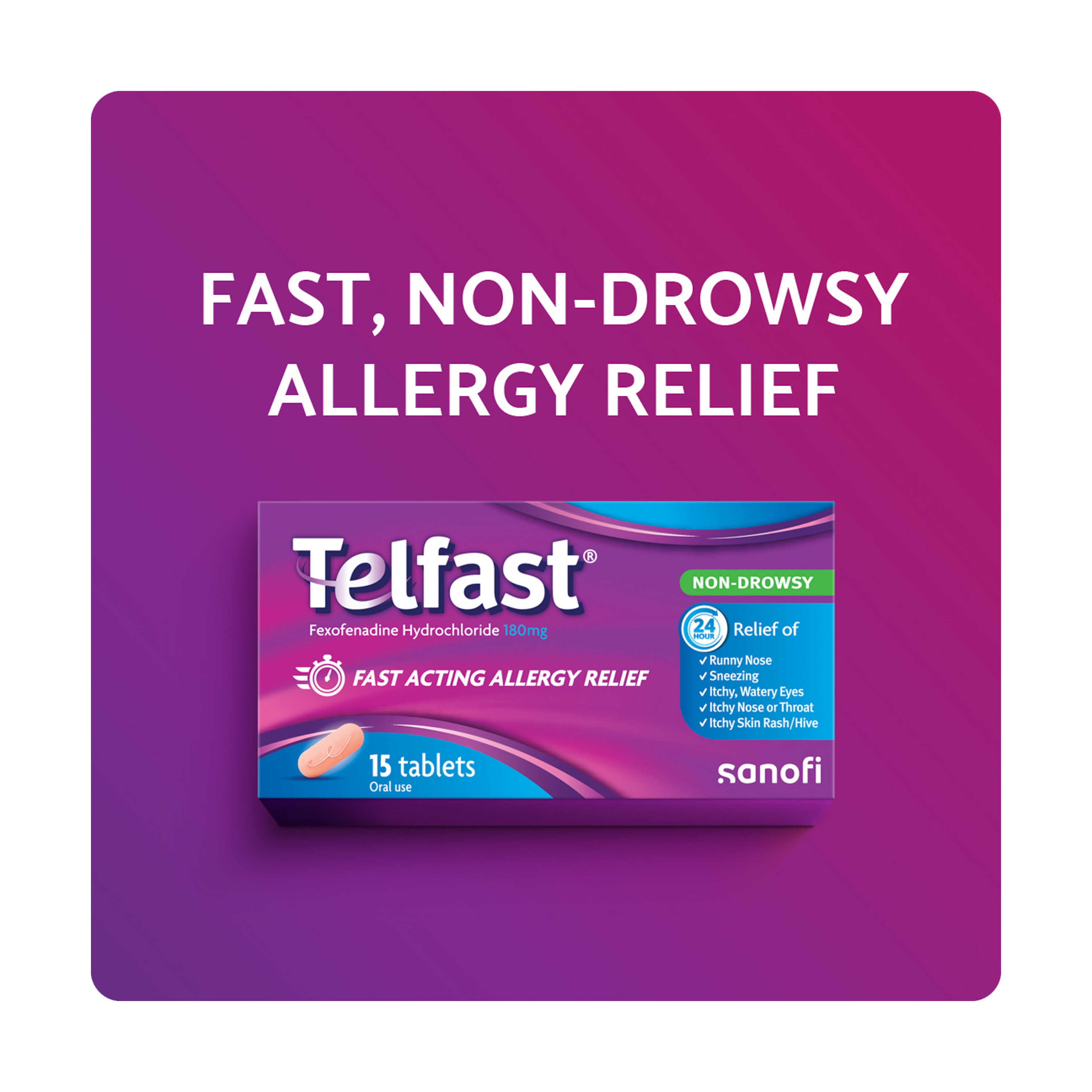 تلفاست 180 مجم، مضاد للحساسية لا يسبب النعاس - 15 قرص