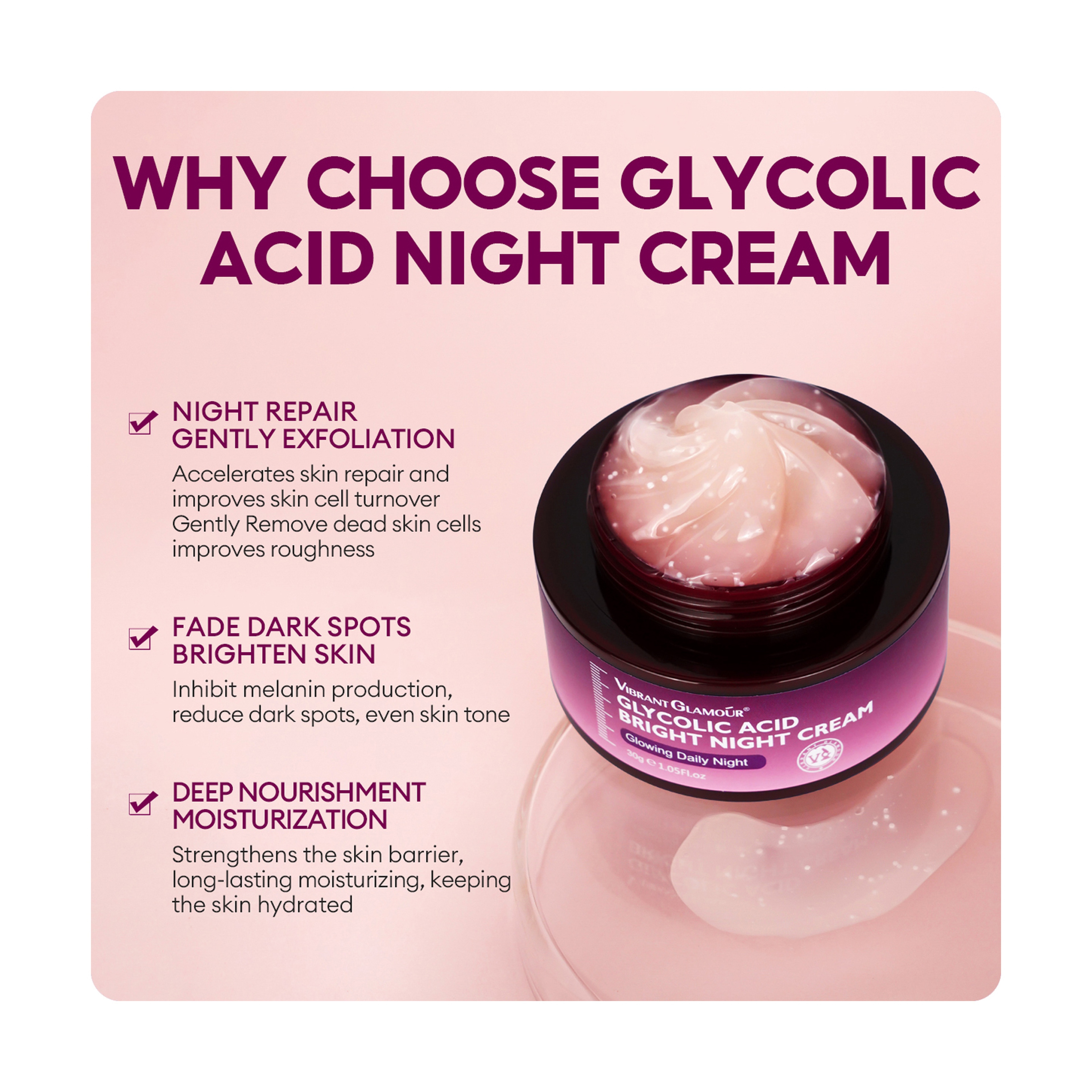 Vibrant Glamour Gentle Exfoliating Night Cream with Glycolic Acid for Skin Renewal 30 g