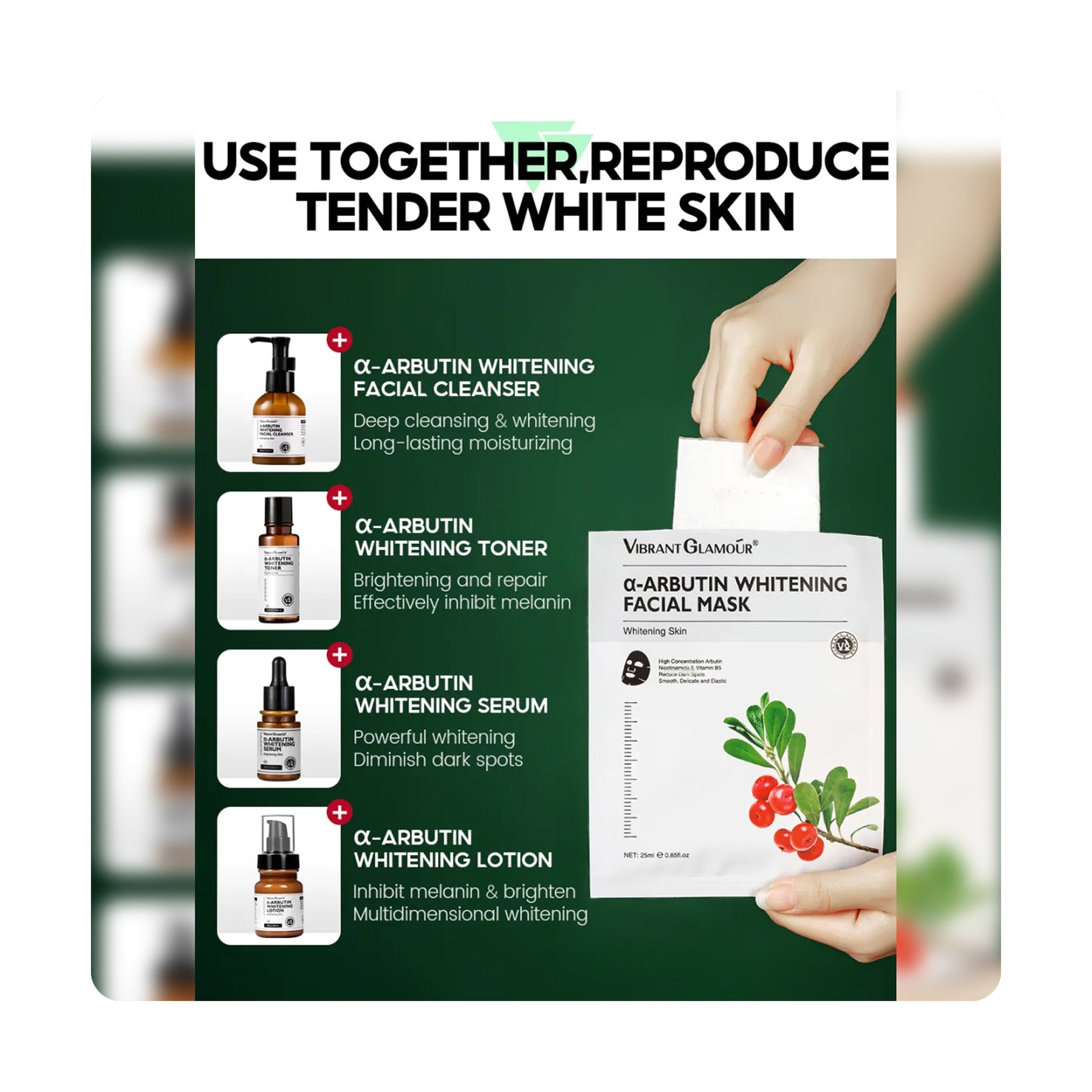 Vibrant Glamour Alpha Arbutin Brightening Sheet Mask Set 5 Pieces (1 Piece / 25 ml) for Hydration and Skin Whitening