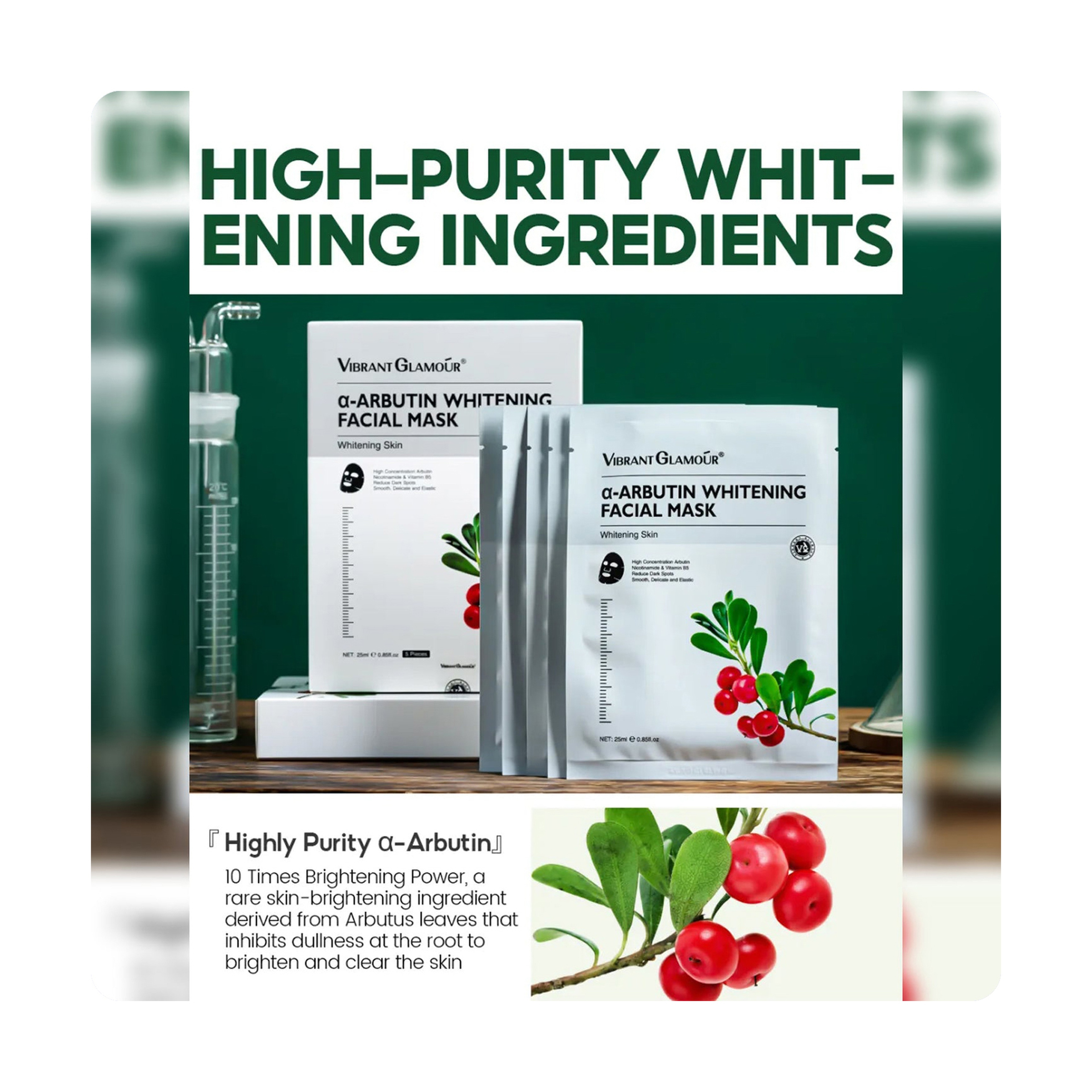 Vibrant Glamour Alpha Arbutin Brightening Sheet Mask Set 5 Pieces (1 Piece / 25 ml) for Hydration and Skin Whitening