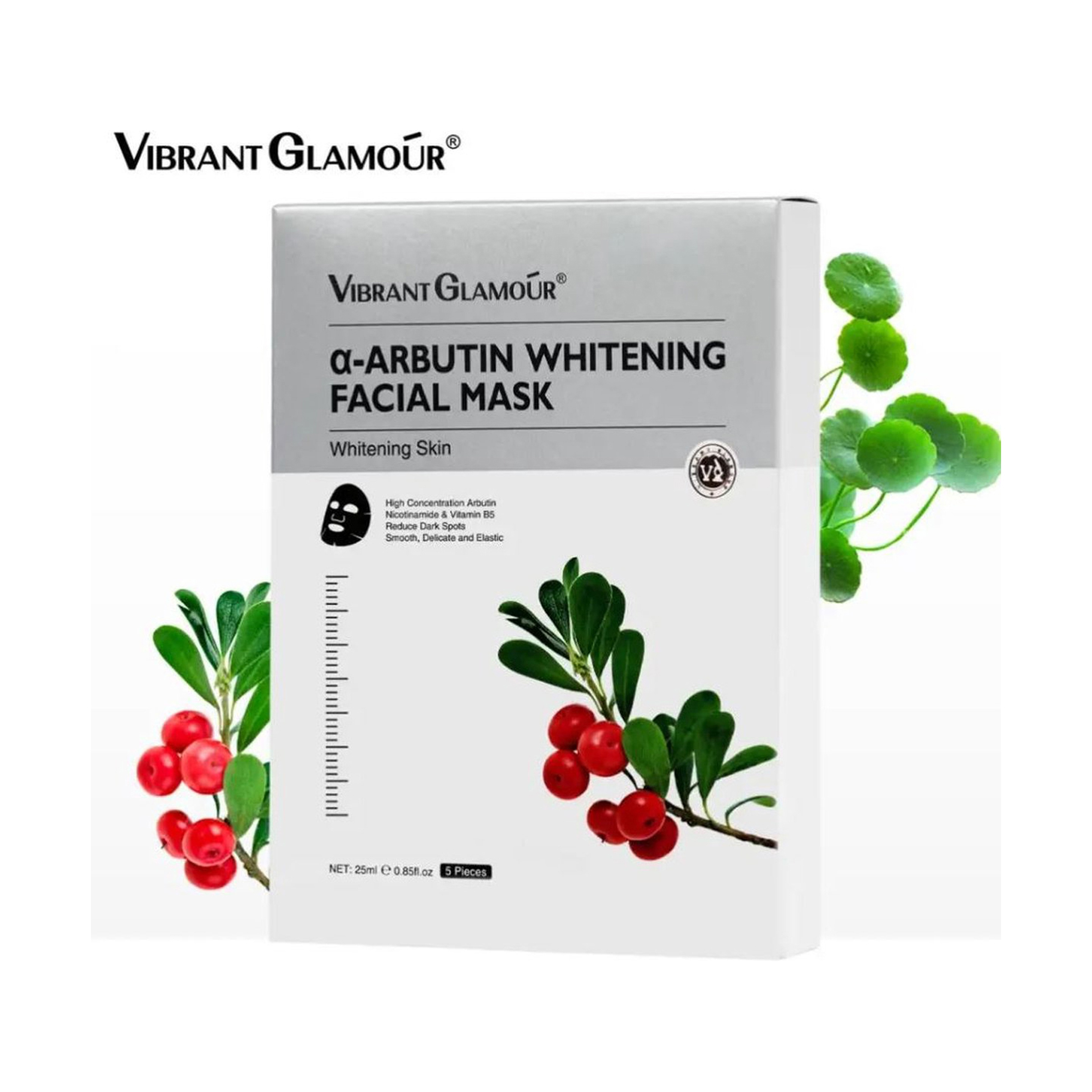 Vibrant Glamour Alpha Arbutin Brightening Sheet Mask Set 5 Pieces (1 Piece / 25 ml) for Hydration and Skin Whitening